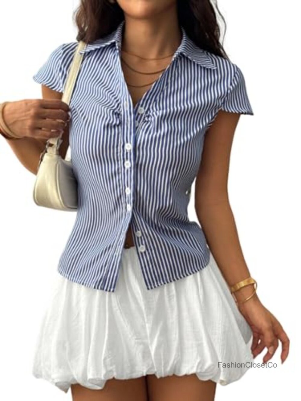 Women's Striped Button Up Short Sleeve Fitted Blouse Button-Down Shirt
